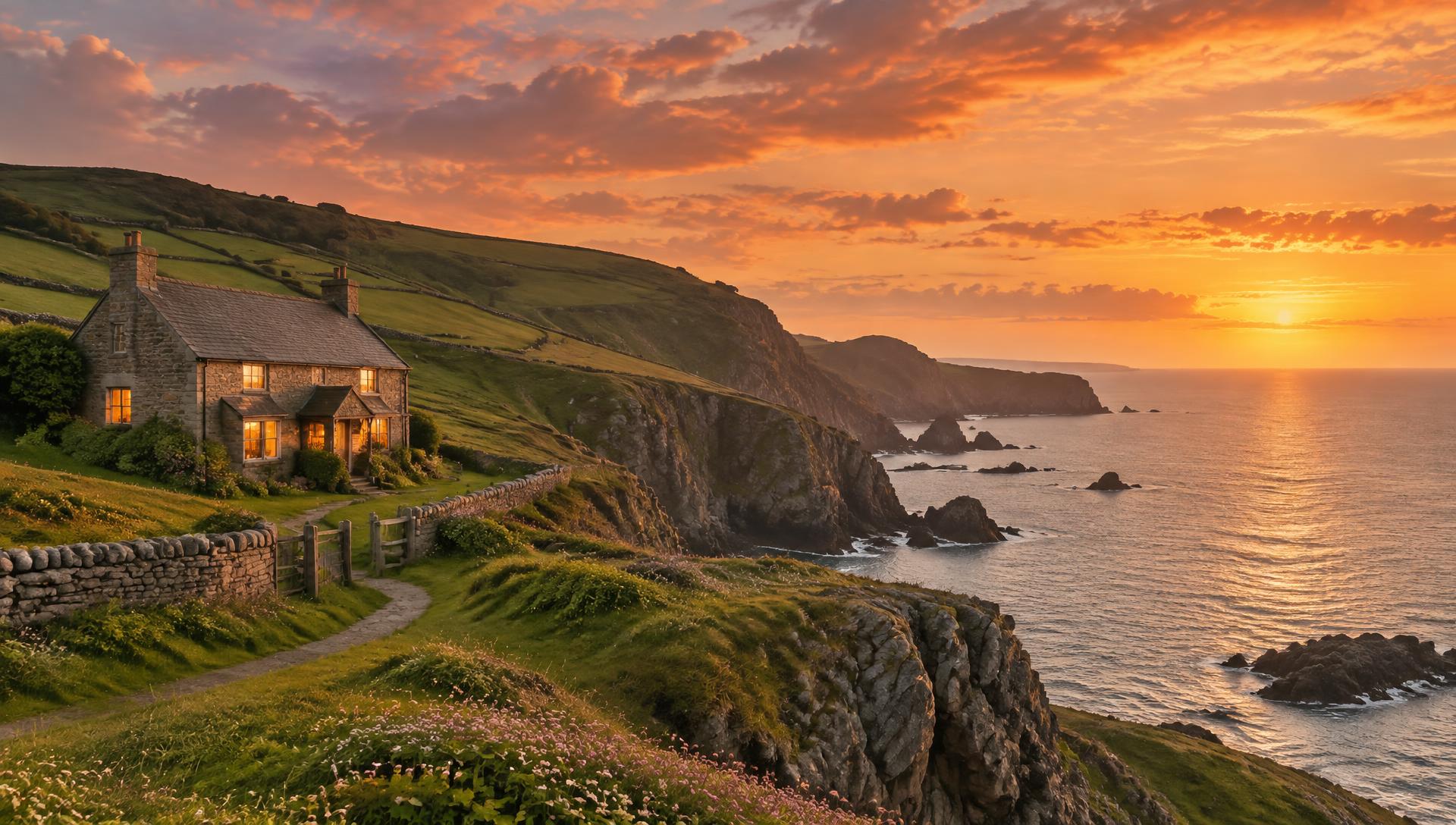 A stone cottage on the British coast at sunset